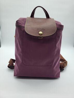 Longchamp Le Pliage Small Backpack in Plum with Brown Flap